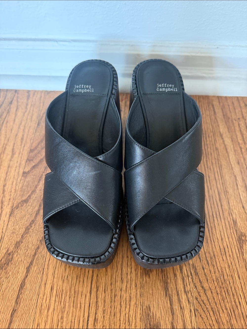 Jeffrey Campbell Black Leather Crisscross Slide Sandals with Stitched Edge